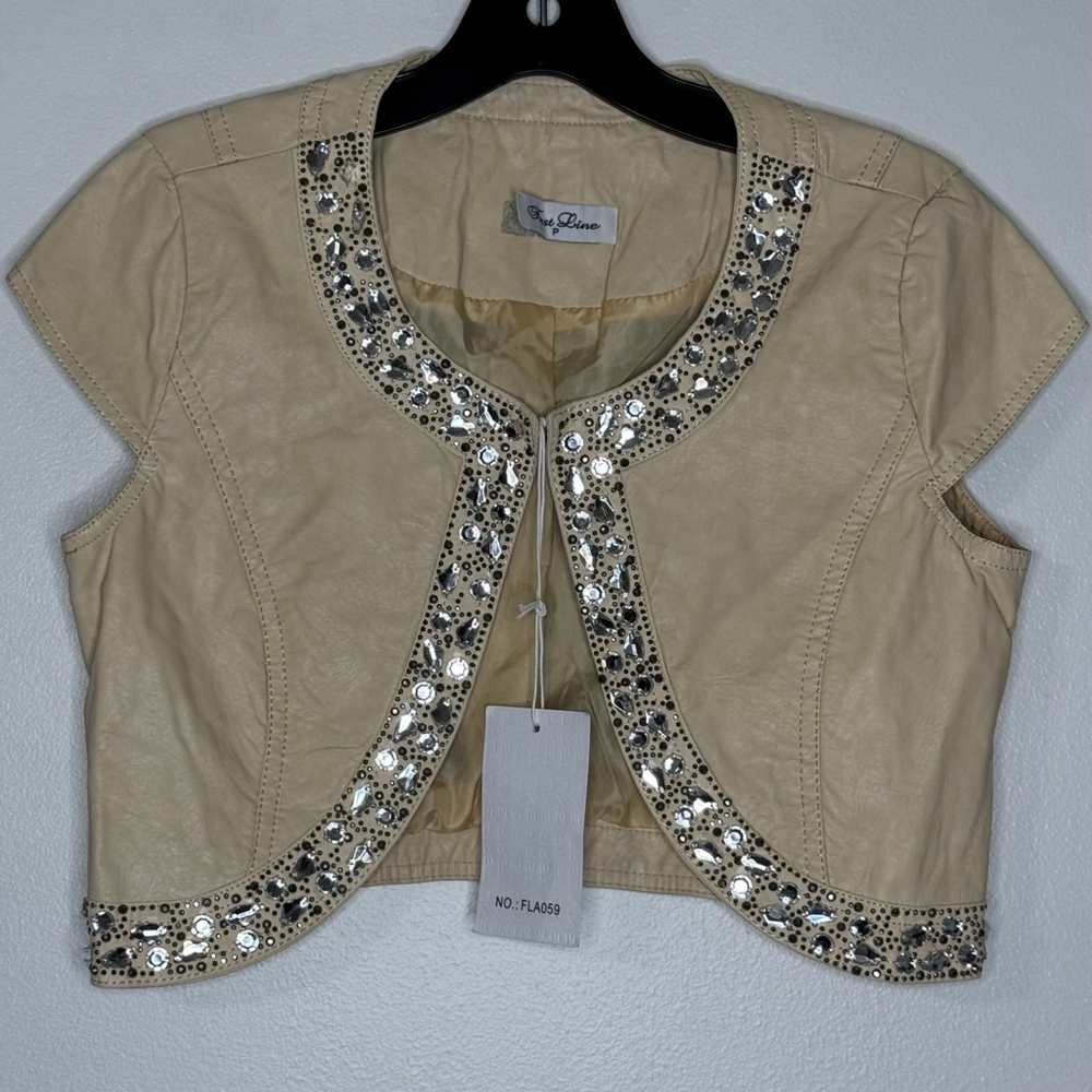 First Line Cream Faux Leather Bolero Crop Jacket with Stud Beaded Size S